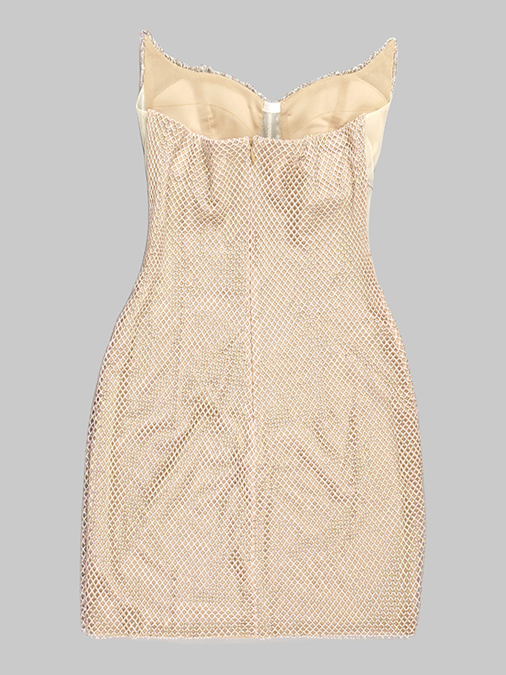 Beige Halter Rhinestone Cup Corset Crystal Fishnet Bodycon Mini Dress