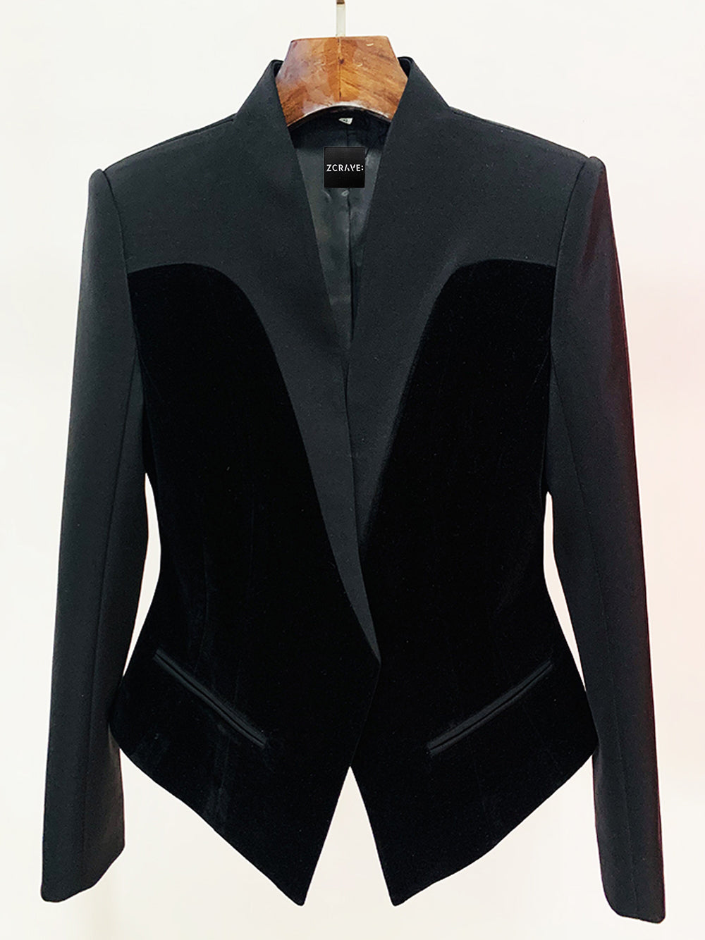 Black Velvet Panel Bustier Cut Structured Shoulder Fitted Blazer 2