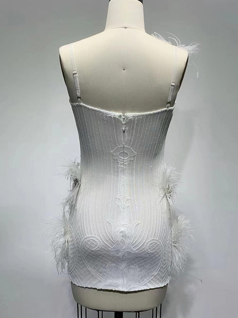 V-Neck Spaghetti Strap Sequin Feather Trim Bodycon Mini Dress 13