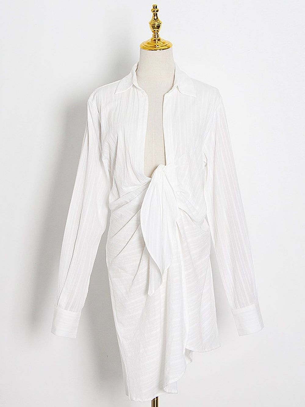 White Collared Long Sleeve Tie Front Wrap Shirt Dress