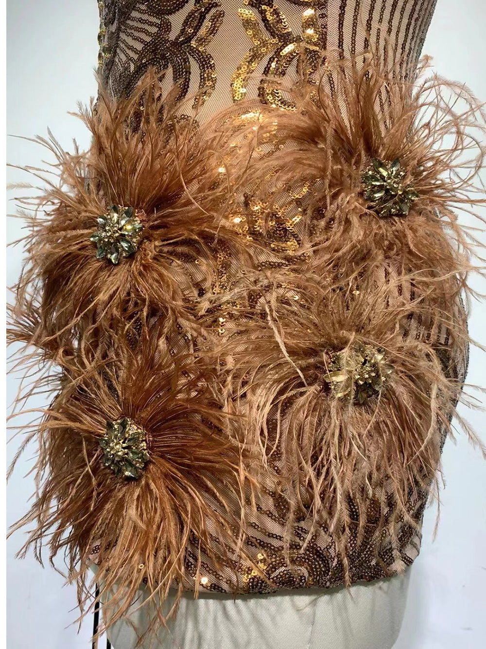 V-Neck Spaghetti Strap Sequin Feather Trim Bodycon Mini Dress 16