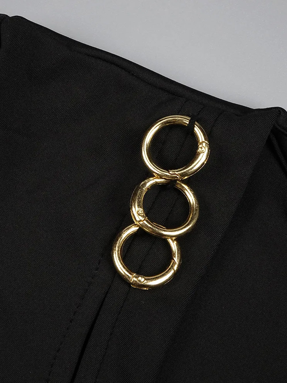 Black V-Neck Gold Ring Cutout Long Sleeve High Slit Bodycon Maxi Dress