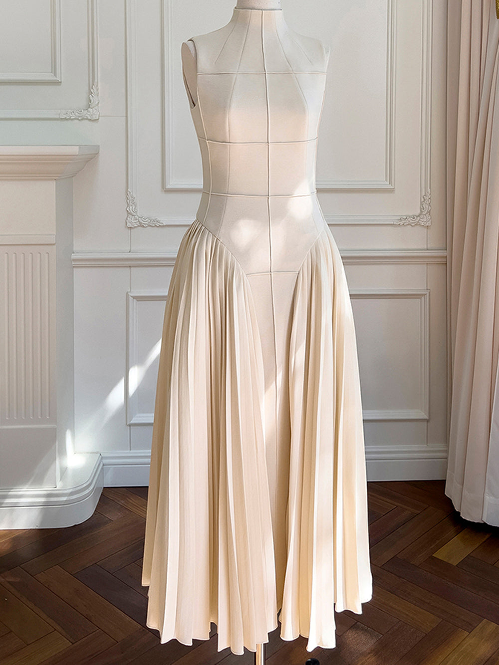 Apricot Mock Neck Sleeveless Grid Seam Pleated Fit And Flare Midi Dress