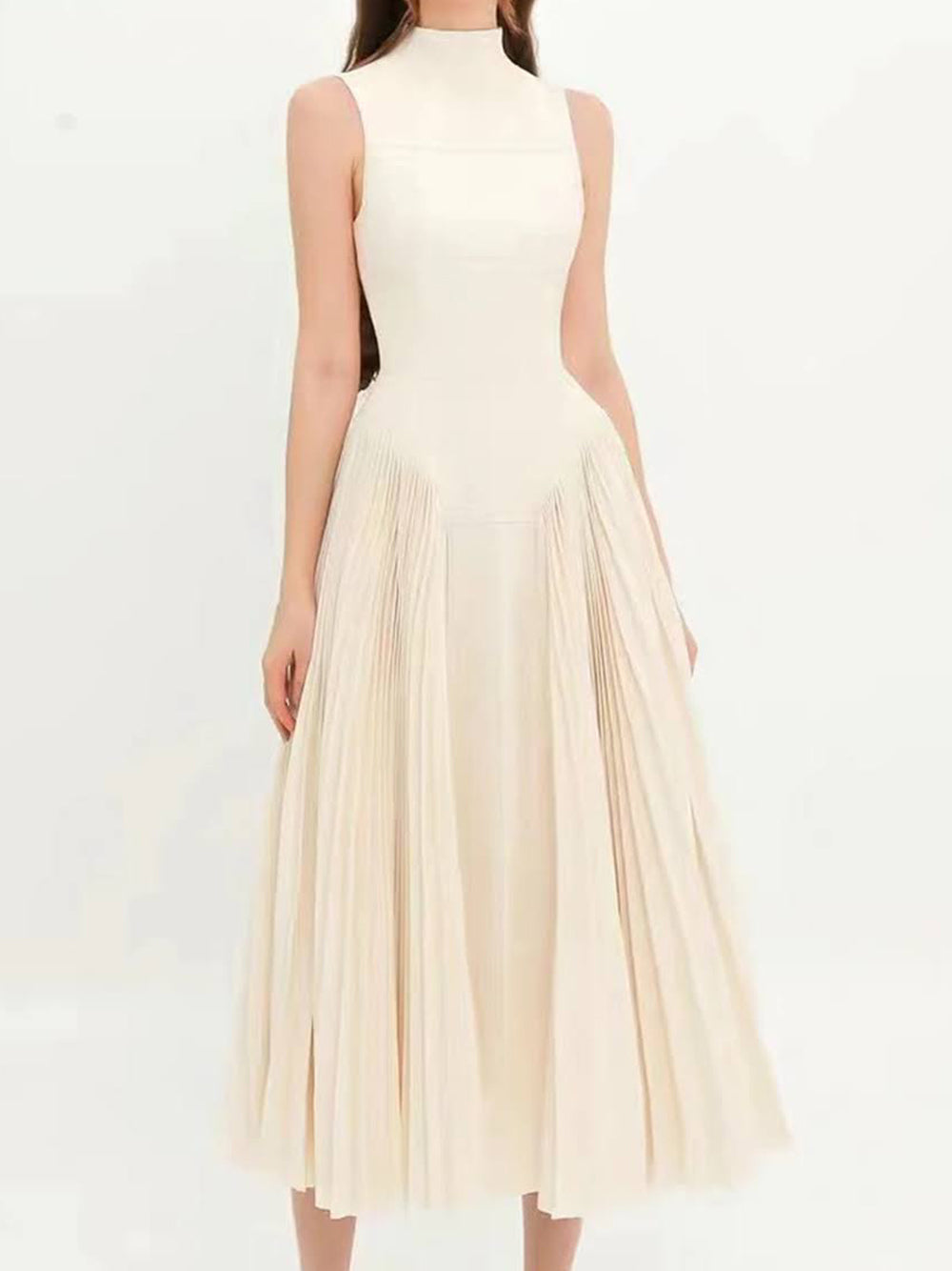 Apricot Mock Neck Sleeveless Grid Seam Pleated Fit And Flare Midi Dress