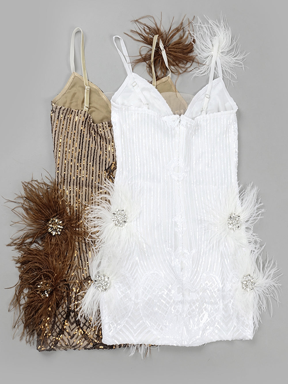 V-Neck Spaghetti Strap Sequin Feather Trim Bodycon Mini Dress 6