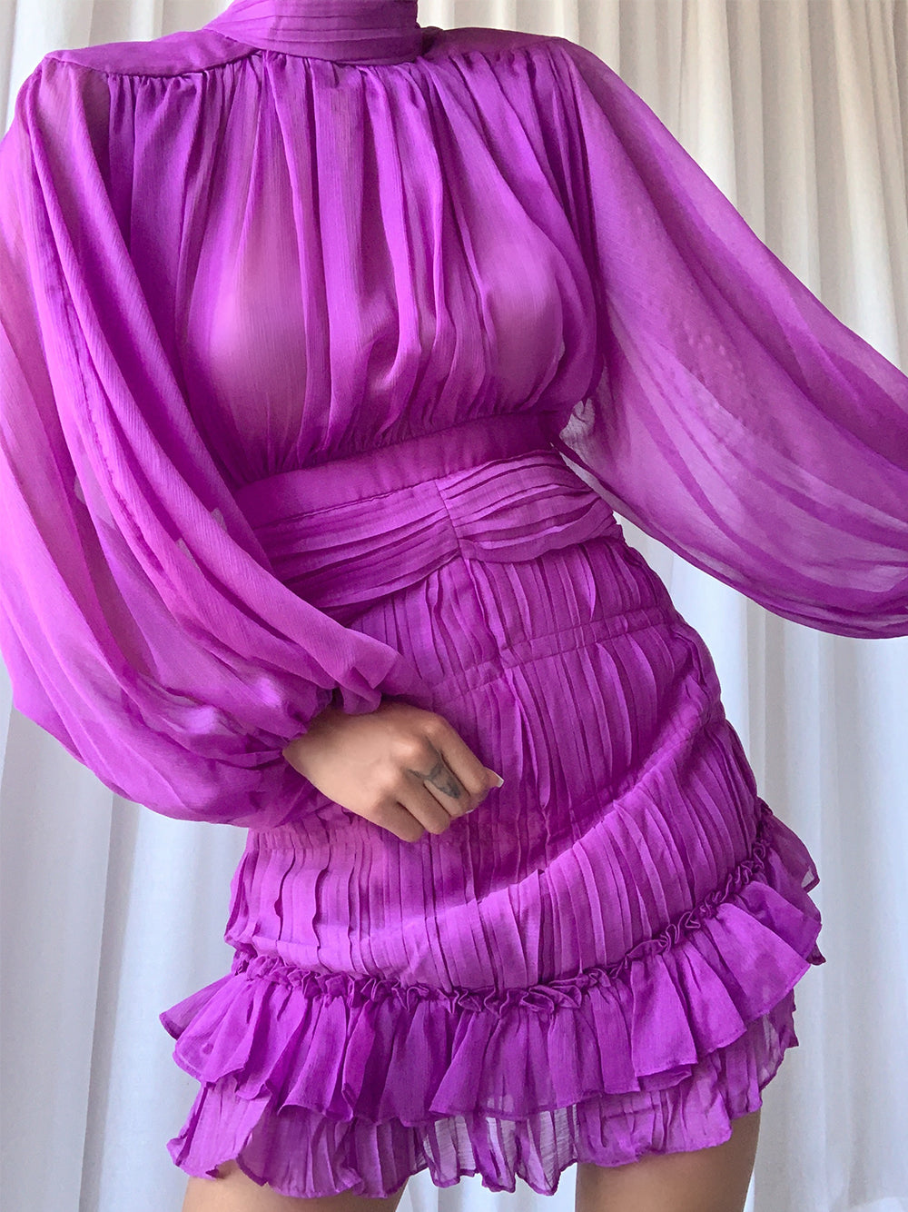 Black Mock Neck Sheer Chiffon Balloon Sleeve Ruched Ruffle Hem Mini Dress