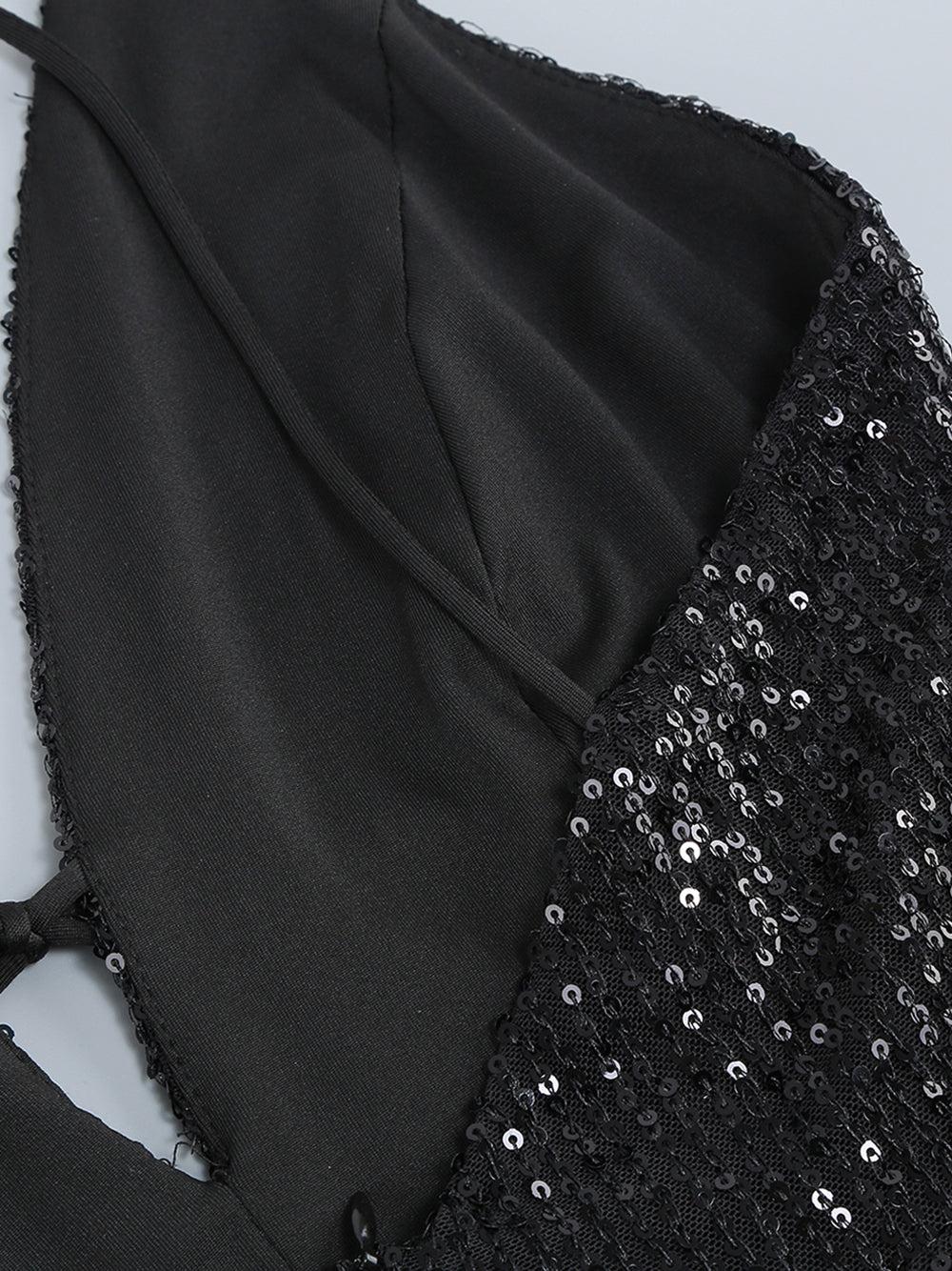 Black Spaghetti Strap Plunge Sequin Feather Trim Bodycon Mini Dress 8