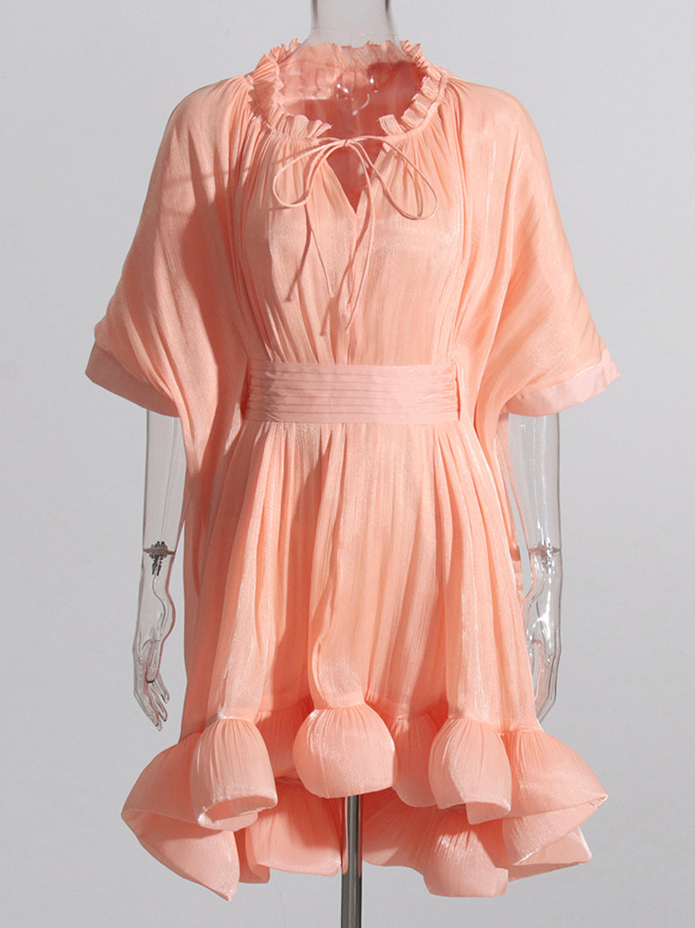 Tie Neck Ruffle Hem Batwing Sleeve Belted Flared Mini Dress
