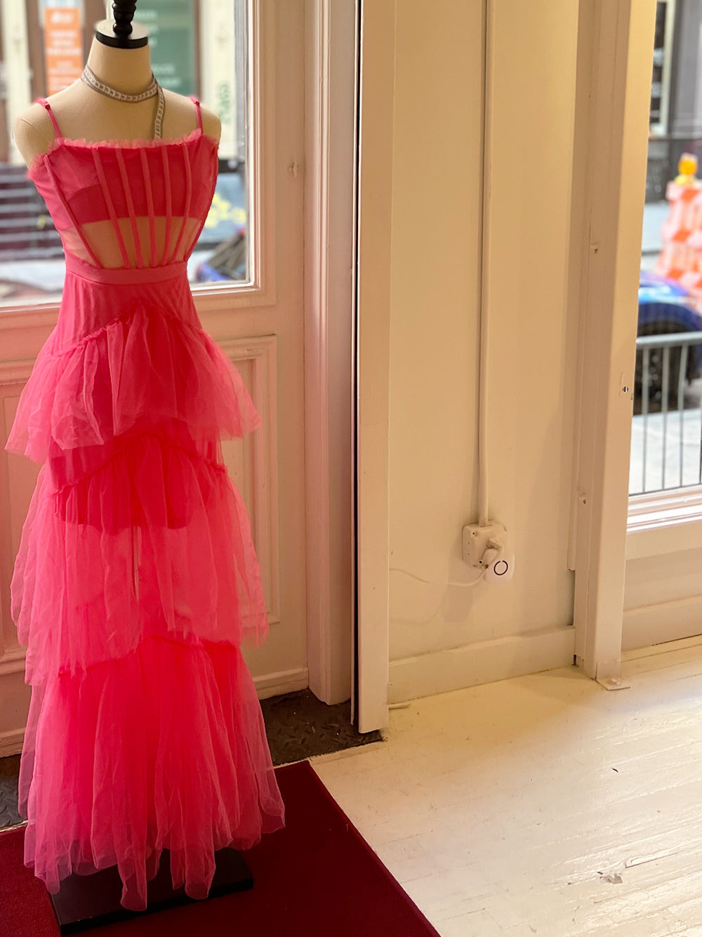 Fuchsia Square Neck Strap Corset Tulle Tiered Ruffle Maxi Gown 8