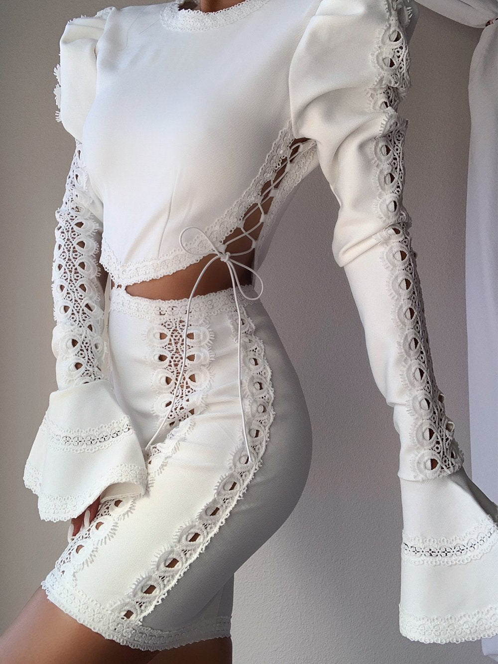 White Crew Neck Flared Sleeve Crochet Lace Cutout Bodycon Mini Dress