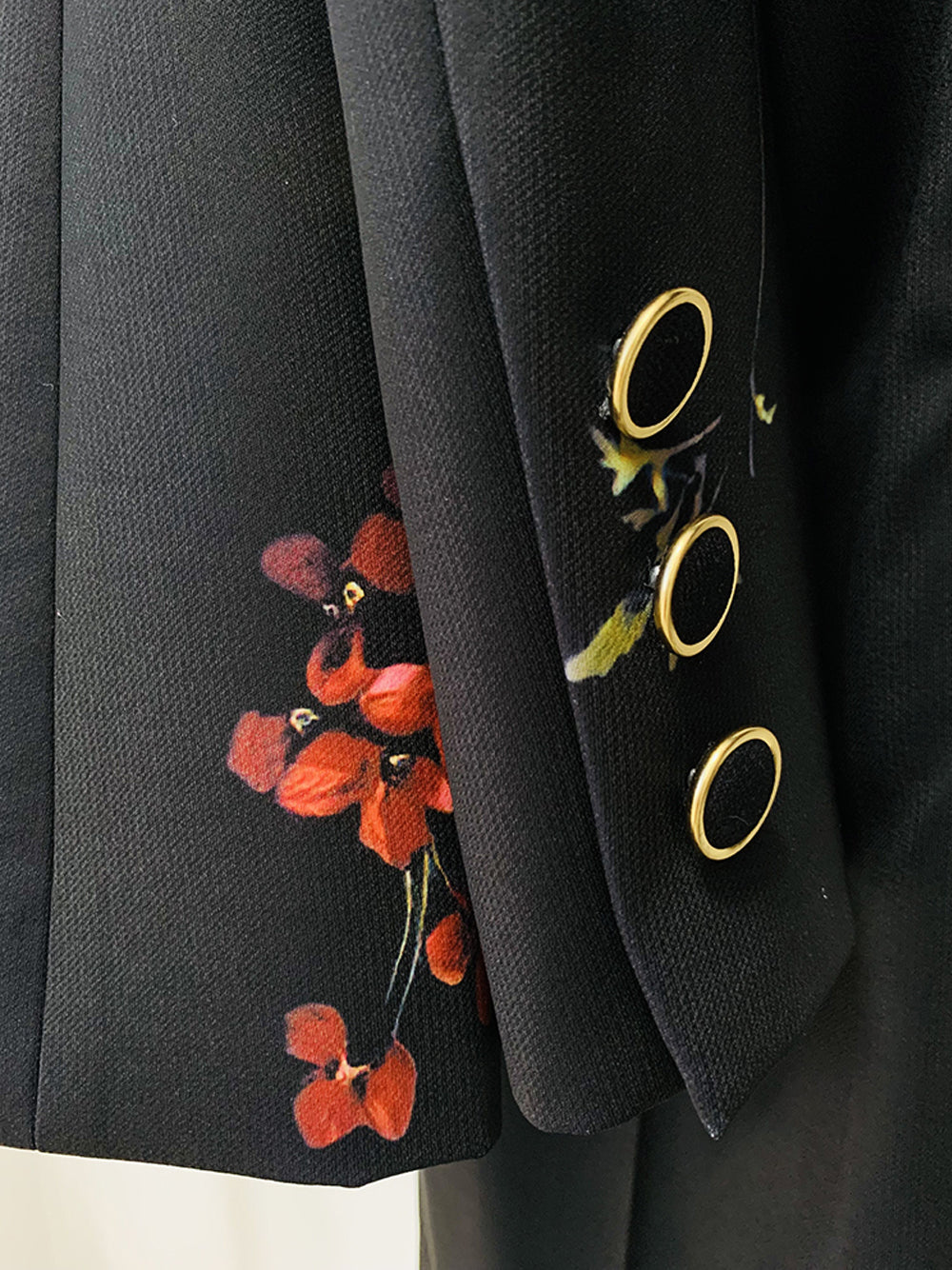 Black Floral Print Lapel Blazer and Flared Pants Set