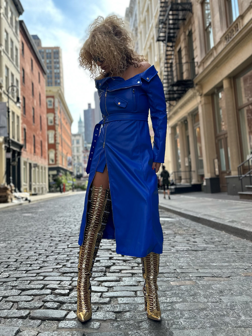 Royal Blue Off-Shoulder Long Sleeve Zip Front Belted Leather Maxi Dress 4