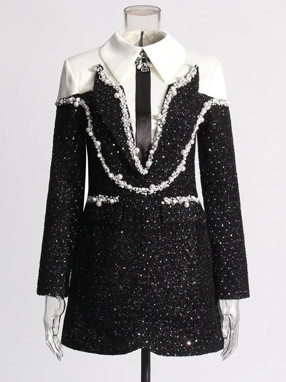 Black Collared Long Sleeve Pearl Trim Sequin Blazer Mini Dress 7