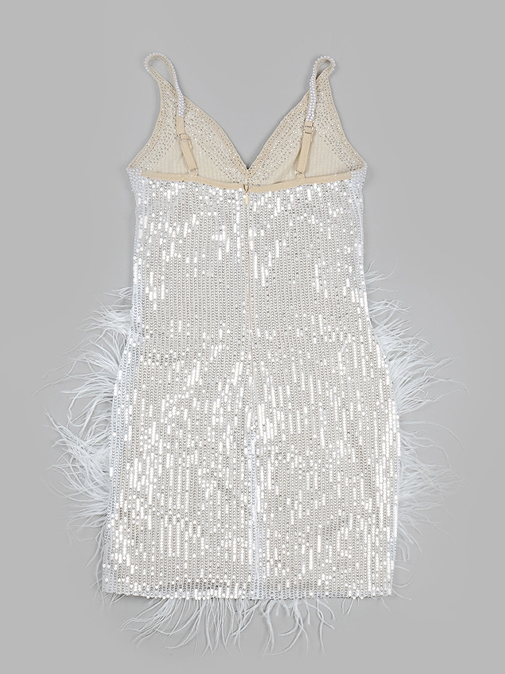 White Spaghetti Strap V-Neck Rhinestone Feather Trim Bodycon Mini Dress 6