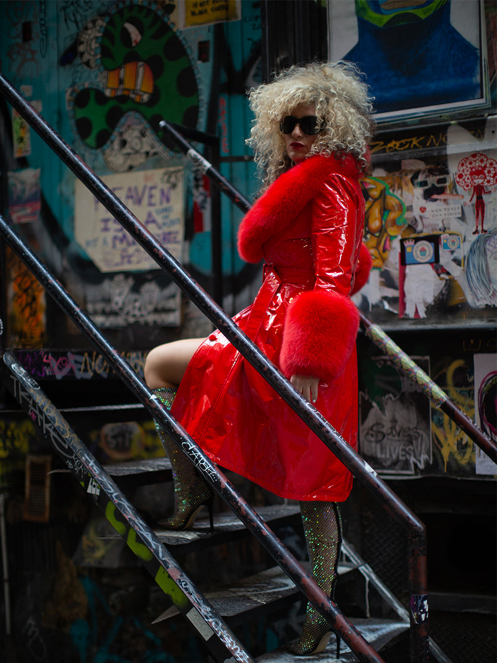 Red Fur Collar Patent Leather Belted Button Front Long Coat 14