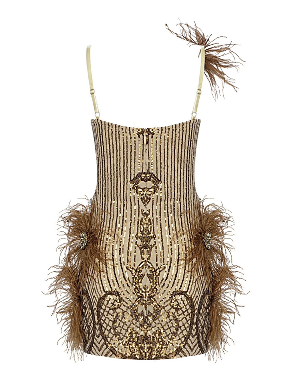 V-Neck Spaghetti Strap Sequin Feather Trim Bodycon Mini Dress 2