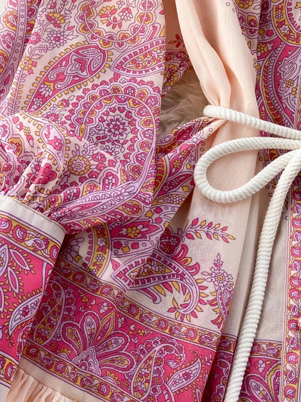Pink Stand Collar Paisley Print Long Sleeve Belted Tiered Maxi Dress 8