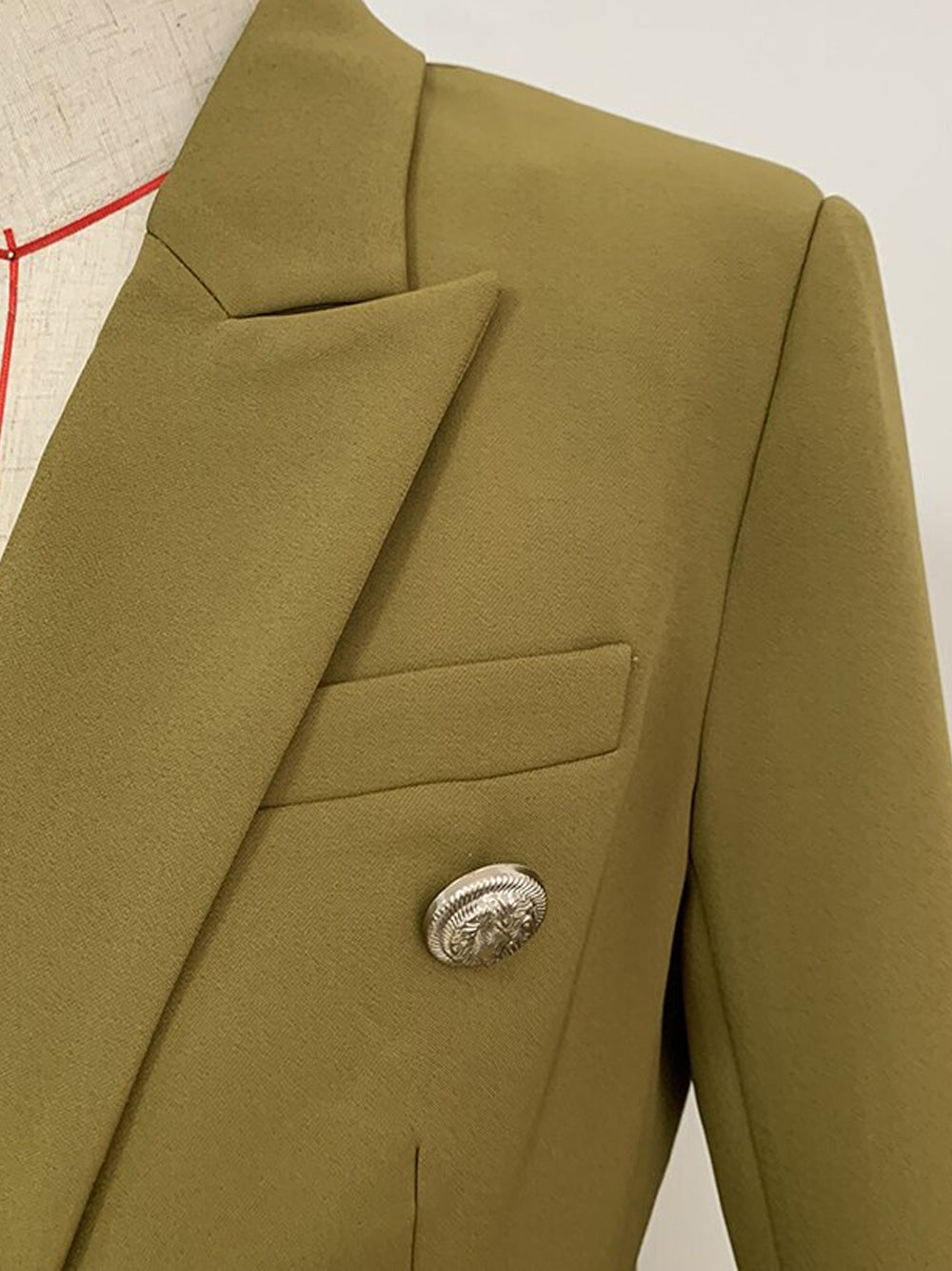 Green Peak Lapel Double Breasted Lion Button Fitted Blazer