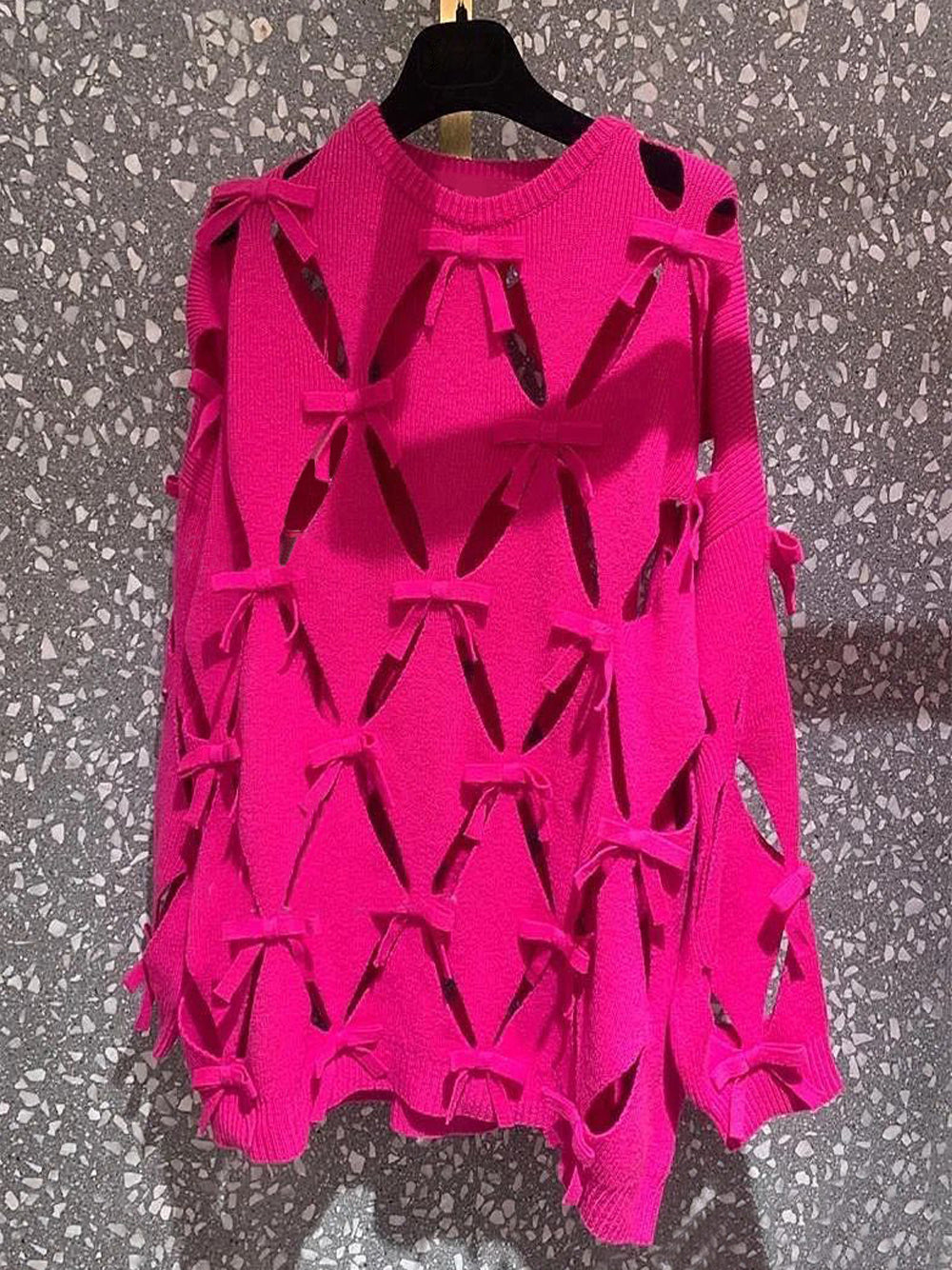 Fuchsia Round Neck Bow Cutout Long Sleeve Knit Sweater