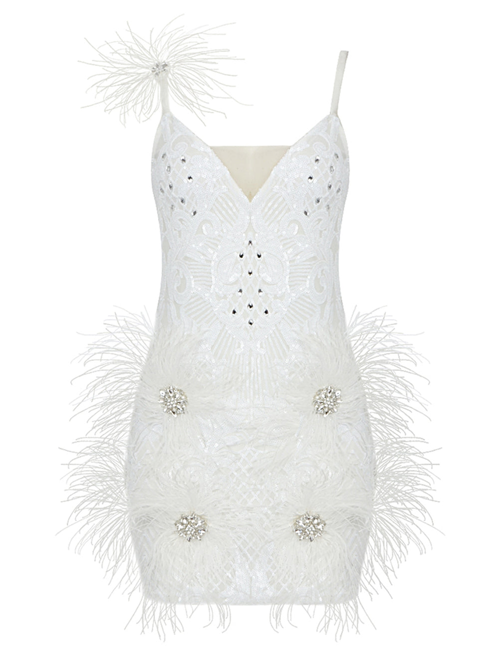 V-Neck Spaghetti Strap Sequin Feather Trim Bodycon Mini Dress 3