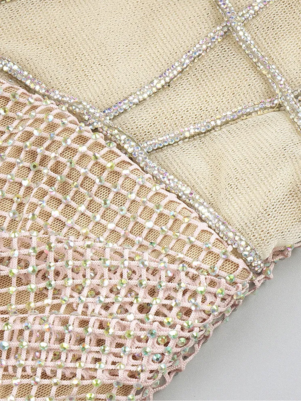 Beige Halter Rhinestone Cup Corset Crystal Fishnet Bodycon Mini Dress