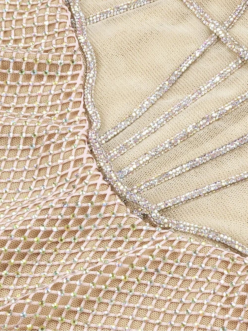Beige Halter Rhinestone Cup Corset Crystal Fishnet Bodycon Mini Dress