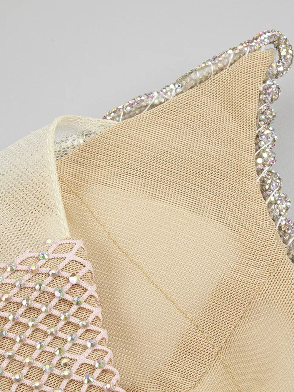 Beige Halter Rhinestone Cup Corset Crystal Fishnet Bodycon Mini Dress