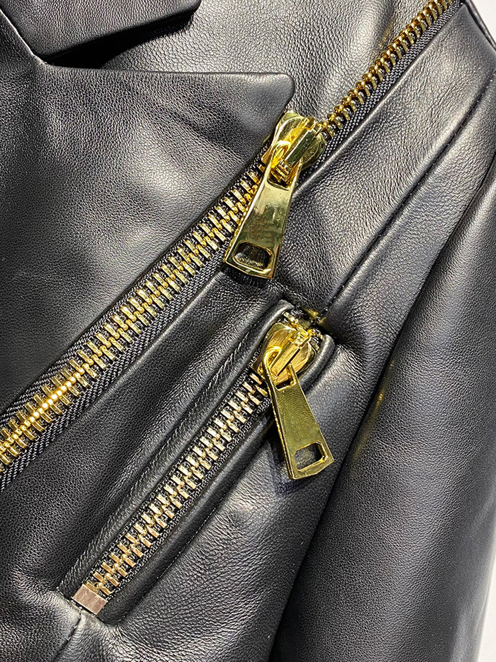 Black Peak Lapel Double Breasted Gold Button Zip Leather Blazer