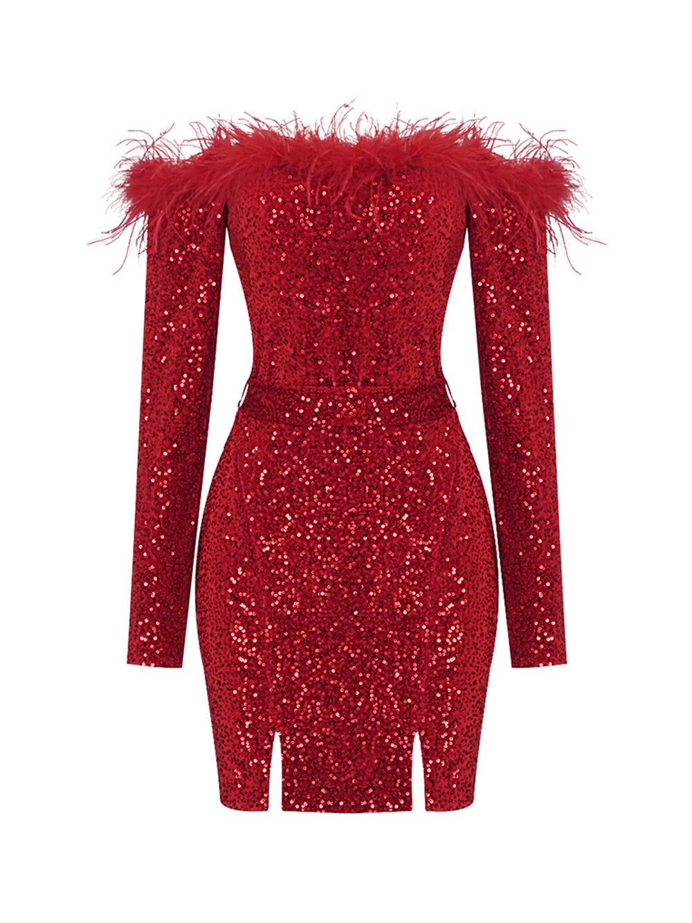 Red Off-Shoulder Feather Trim Sequin Long Sleeve Bodycon Mini Dress