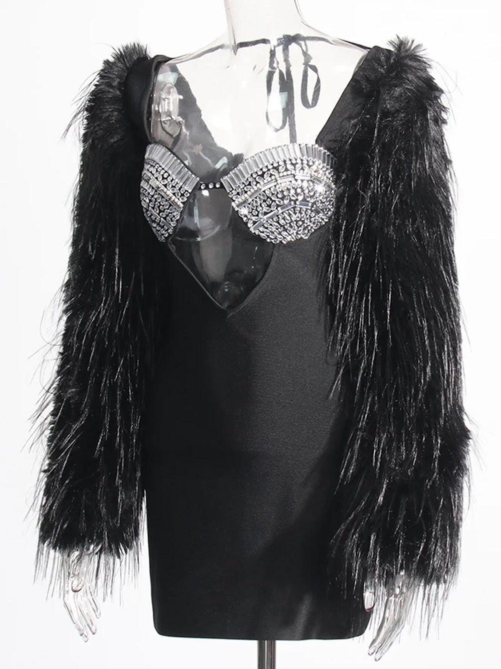 Black Halter Rhinestone Cup Cutout Faux Fur Sleeve Bodycon Mini Dress