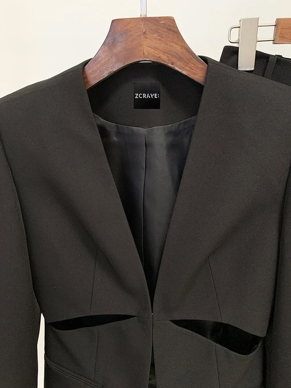 Black Collarless Plunge Cutout Blazer and Split Leg Pants Set