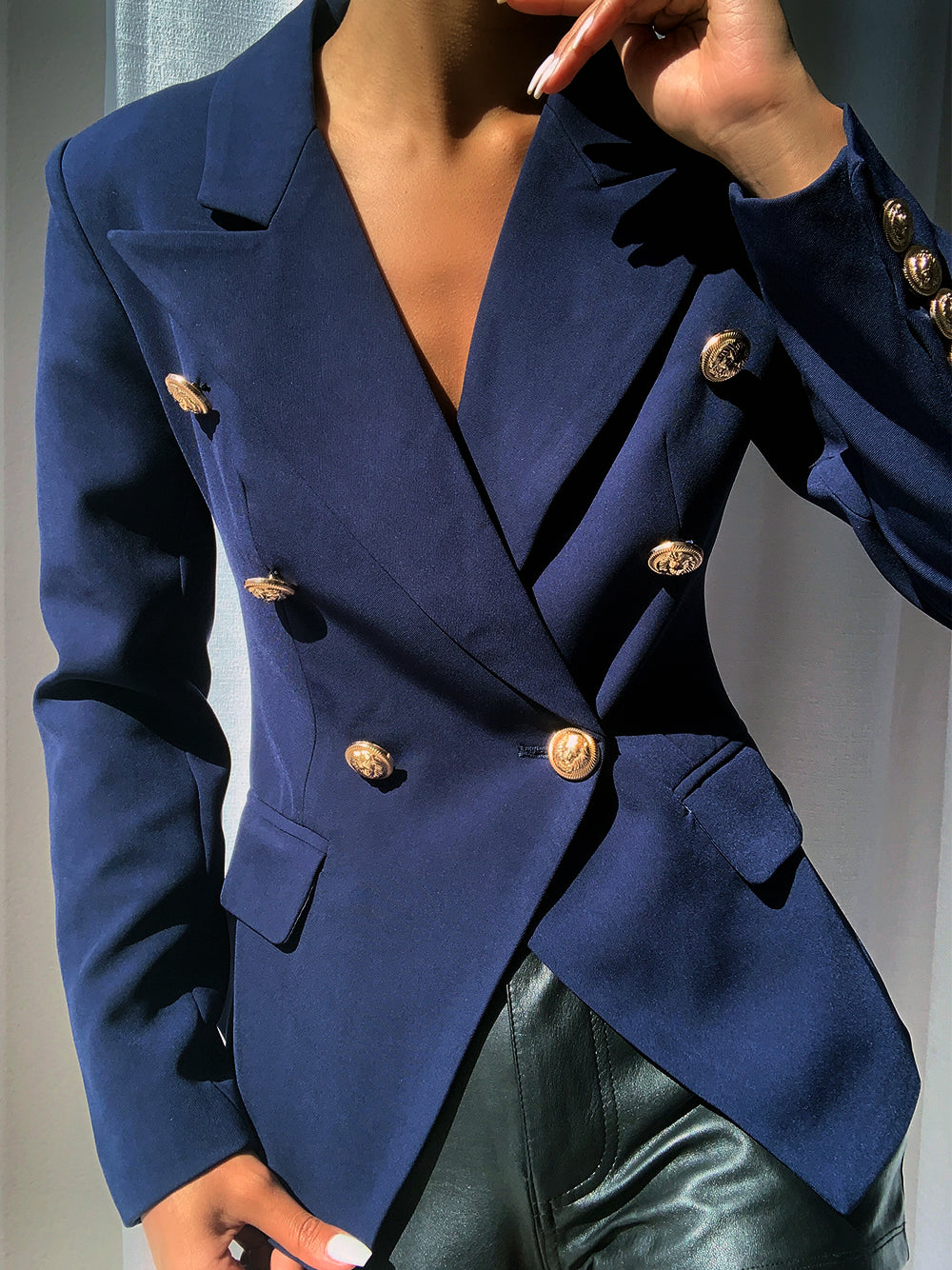 Dark Blue Peaked Lapel Gold Button Double-Breasted Fitted Blazer 6