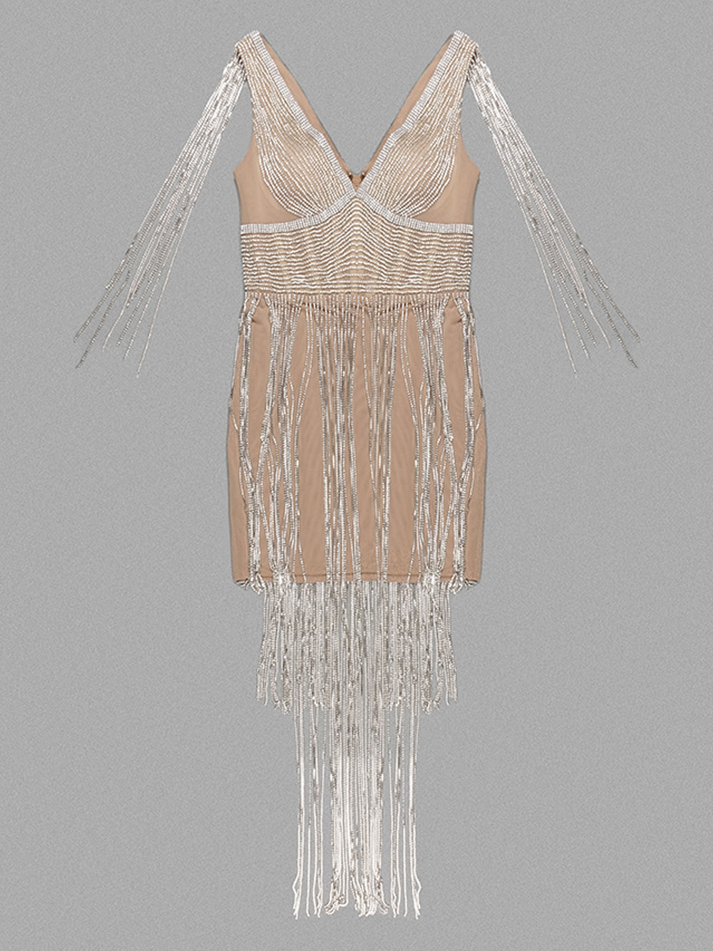 Beige V-Neck Rhinestone Tassel Fringe Bodycon Mini Dress