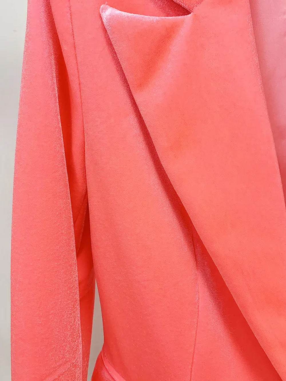 Peach Pink Peak Lapel Plunge Velvet Blazer And Flared Pants Set