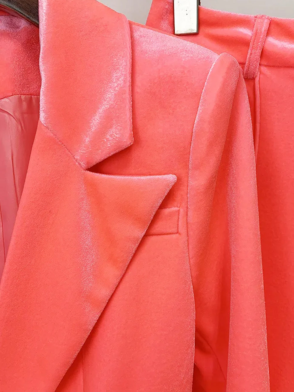 Peach Pink Peak Lapel Plunge Velvet Blazer And Flared Pants Set