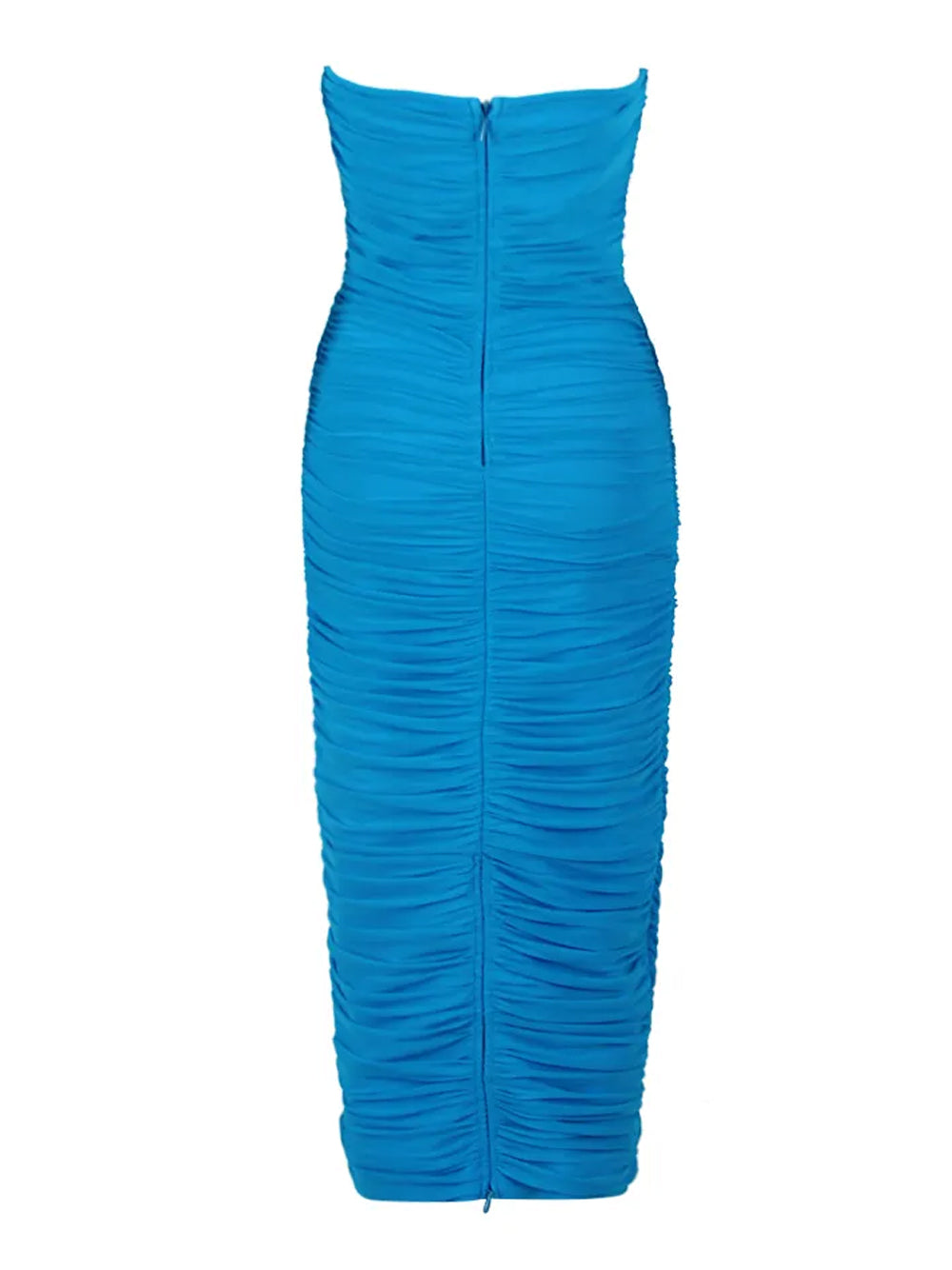 Blue Strapless Sweetheart Ruched Bodycon Midi Dress