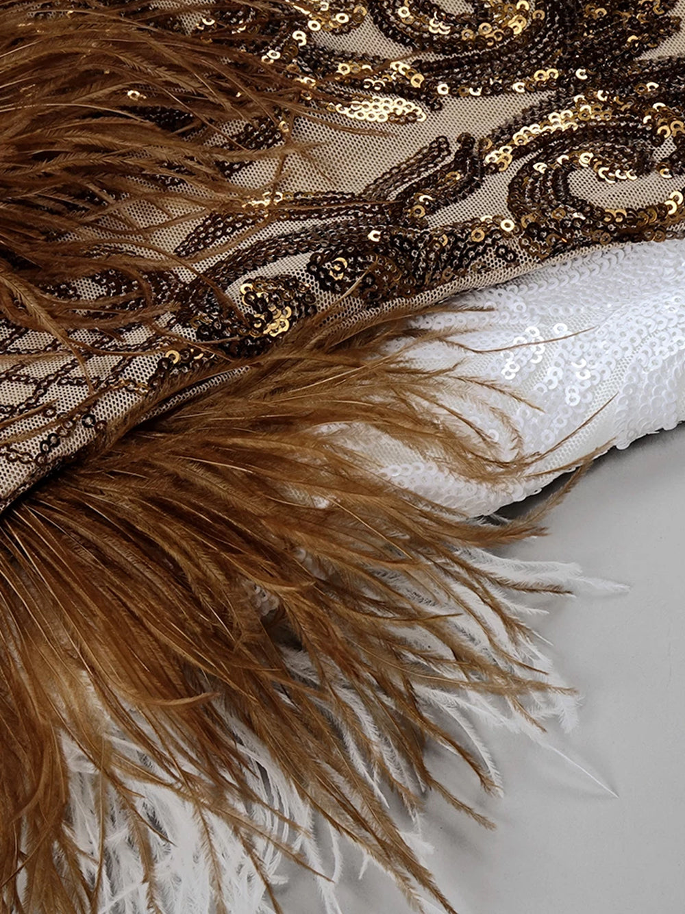 V-Neck Spaghetti Strap Sequin Feather Trim Bodycon Mini Dress 14