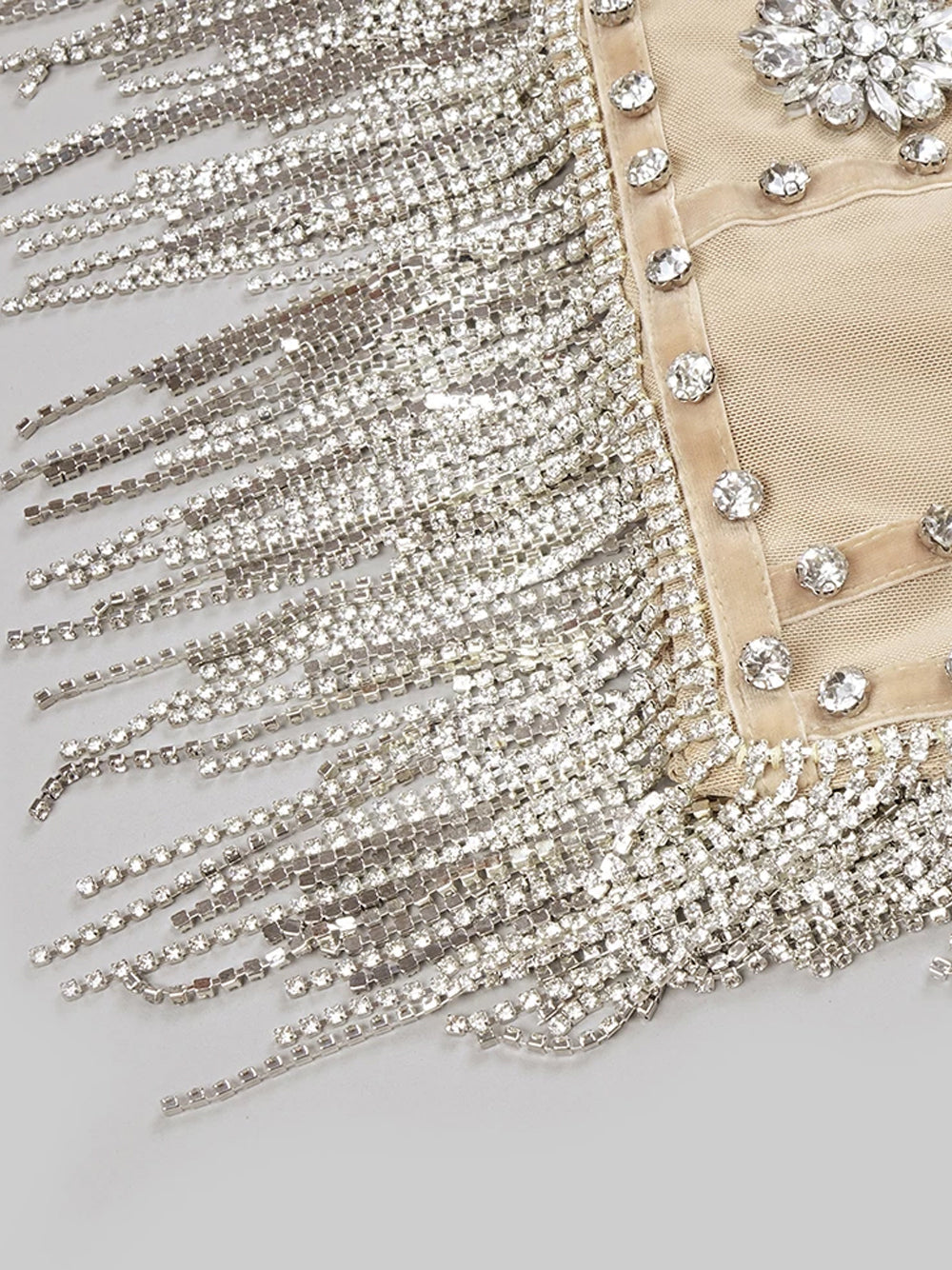 Beige Spaghetti Strap Rhinestone Beaded Fringe Bodycon Mini Dress