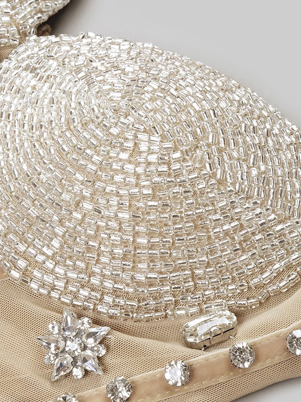 Beige Spaghetti Strap Rhinestone Beaded Fringe Bodycon Mini Dress