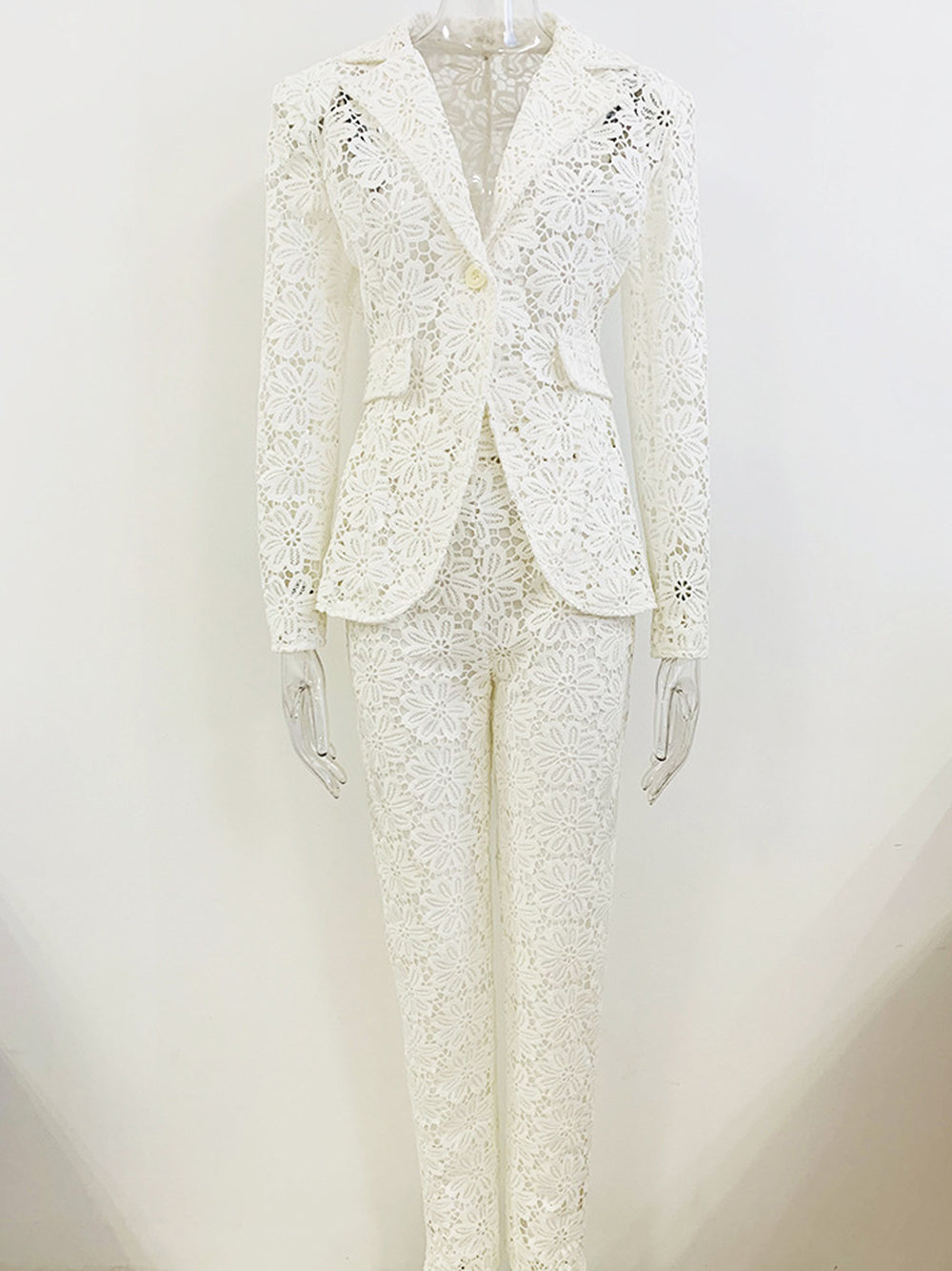 White Notch Lapel Floral Lace Blazer And Pants Set