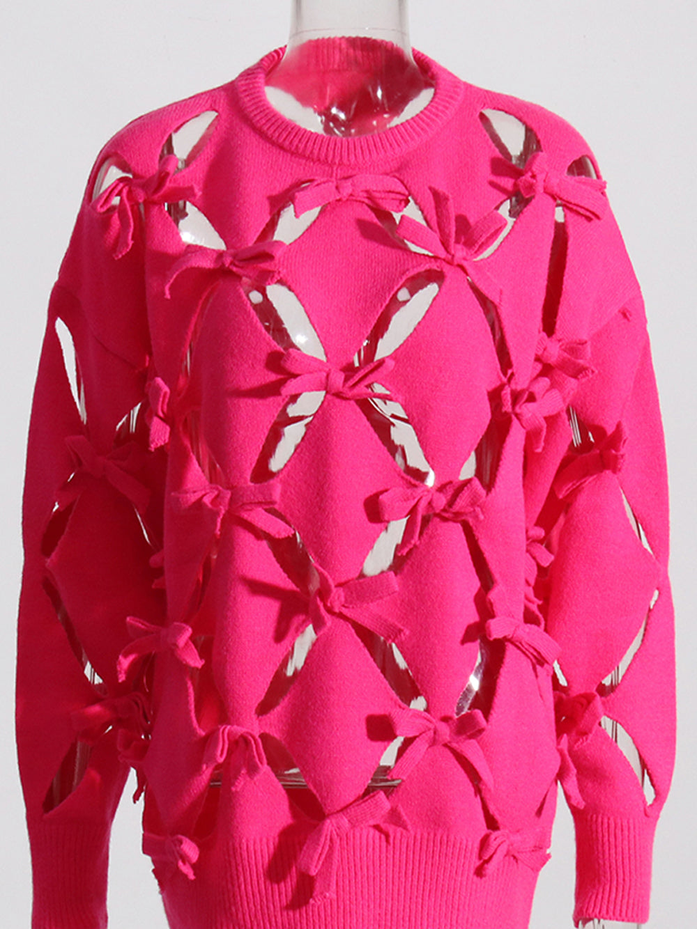 Fuchsia Round Neck Bow Cutout Long Sleeve Knit Sweater