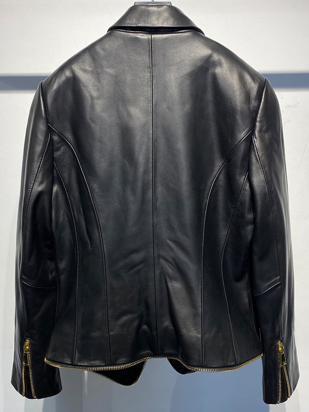 Black Peak Lapel Double Breasted Gold Button Zip Leather Blazer