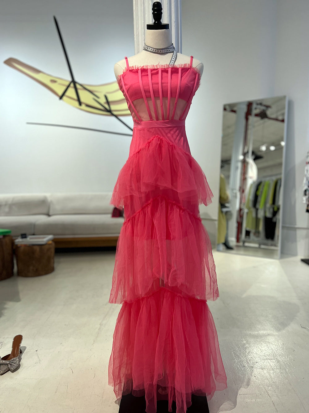 Fuchsia Square Neck Strap Corset Tulle Tiered Ruffle Maxi Gown 6