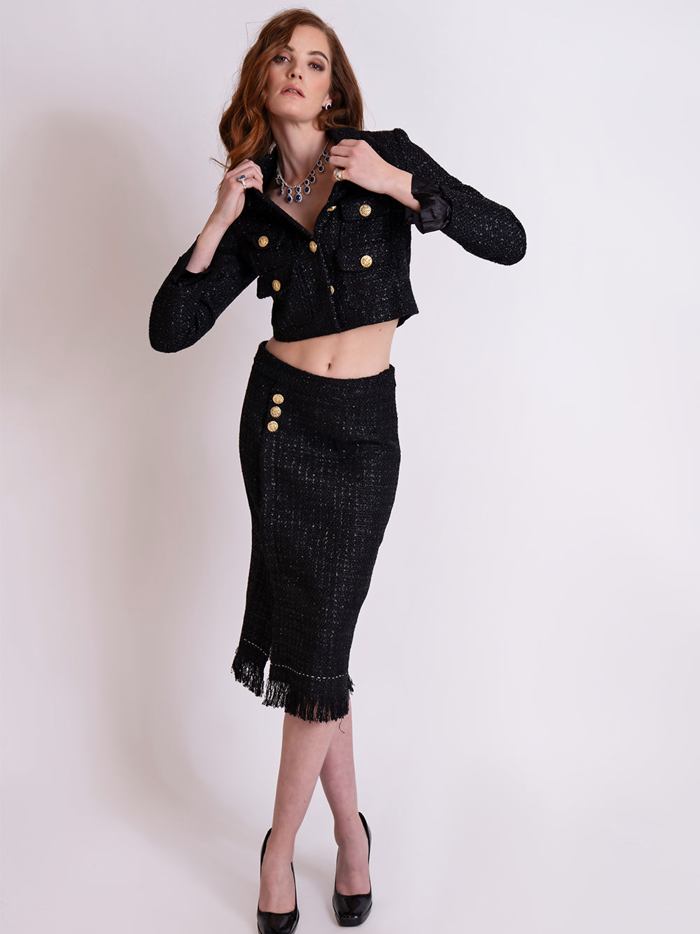Black Gold Button Tweed Cropped Jacket and Fringe Skirt Set