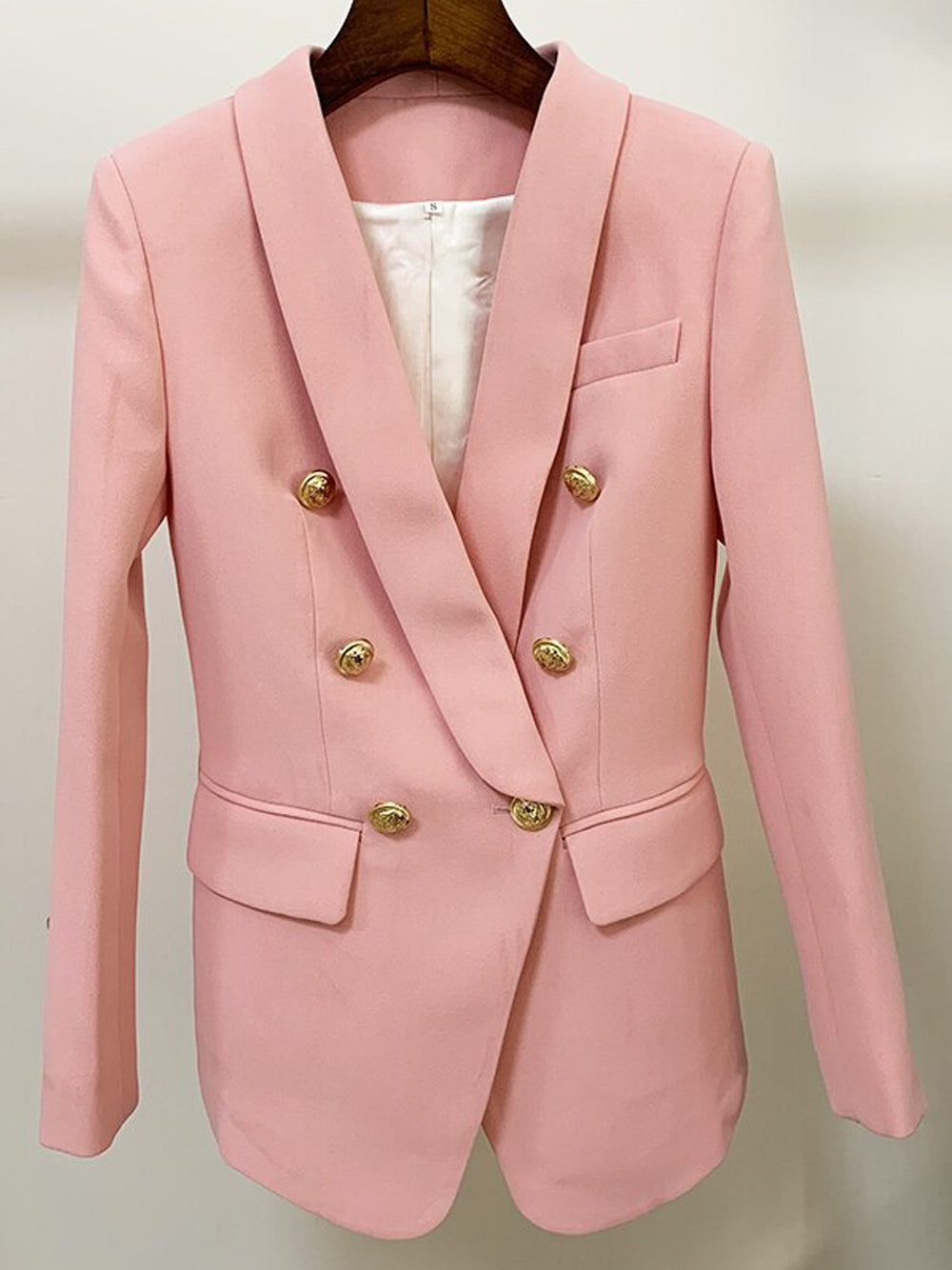 Pink Shawl Collar Double Breasted Gold Button Blazer