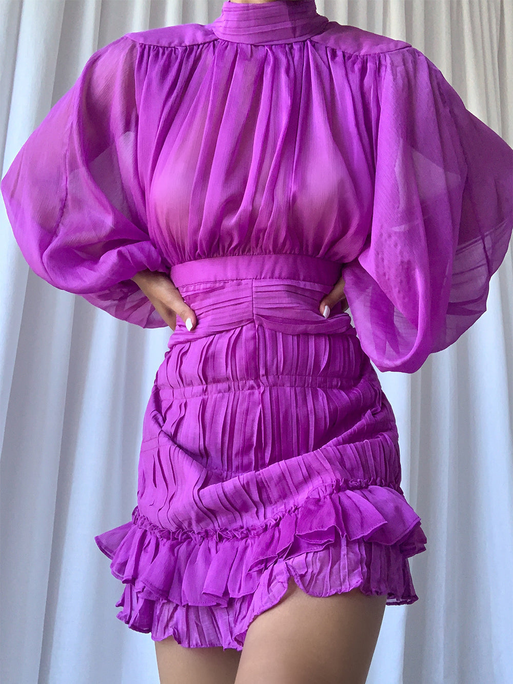Black Mock Neck Sheer Chiffon Balloon Sleeve Ruched Ruffle Hem Mini Dress
