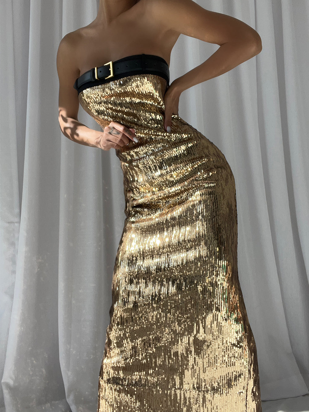 Gold Strapless Belted Sequin Ruched Bodycon Maxi Dress