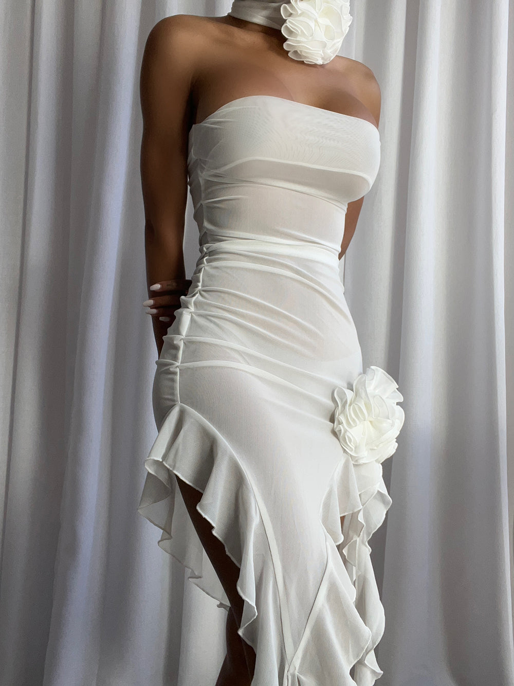 White Strapless Rosette Applique Ruched Ruffle High Slit Maxi Dress 3