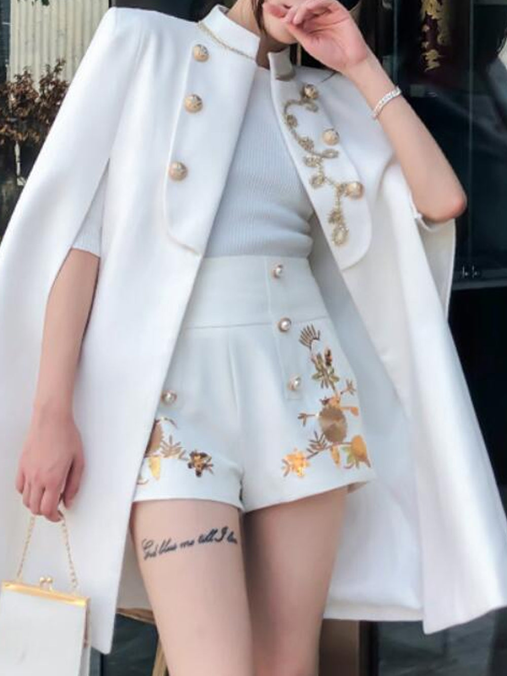 Stand Collar Gold Embroidered Button Military Cape