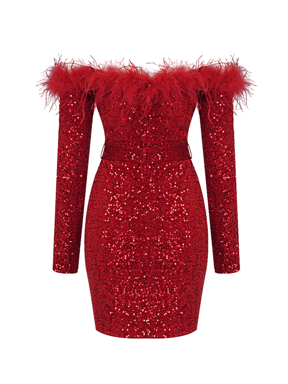 Red Off-Shoulder Feather Trim Sequin Long Sleeve Bodycon Mini Dress